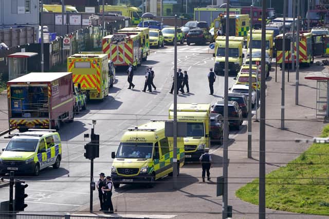 Emergency services near the Aquatics Centre, at the Queen Elizabeth Olympic Park in London, following a gas-related incident at the London Aquatics Centre, causing the area to be evacuated and cordoned off. Picture date: Wednesday March 23, 2022.