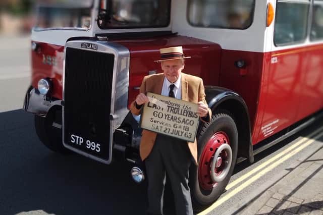 Richard Newman, a passenger on the final trolleybus 60 years ago, poses in front of the PD3. Picture  by Bob Hind
