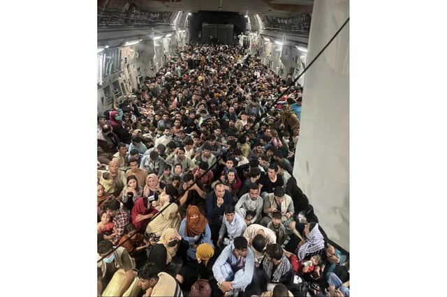 A picture released by the US Air Force shows the inside of Reach 871, a U.S. Air Force C-17 Globemaster III flown from Kabul to Qatar with 640 Afghans on board
Picture: Capt. Chris Herbert / US Airforce / AFP via Getty Images)