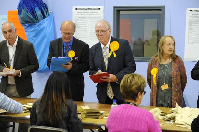 Local elections count held at Gosport Leisure Centre, Gosport. Second from the left, Peter Chegwyn. Picture: Malcolm Wells (170504-6745)