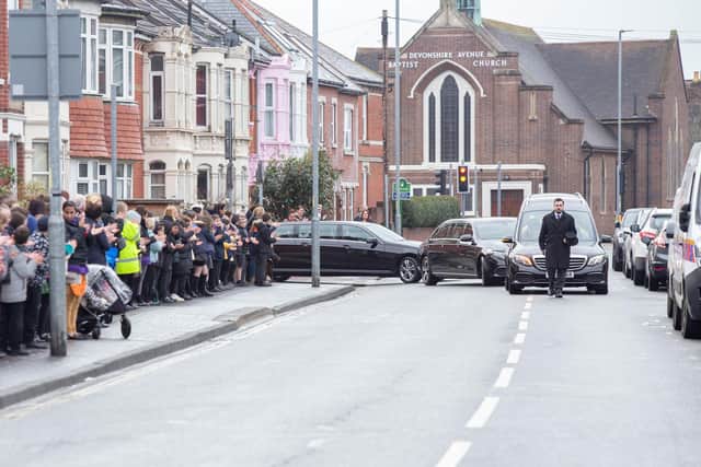 Winter Road/Wimborne Road lollipop man Tom James, who recently passed away, will be honoured by pupils and residents in the areaPictured: Hearse carrying Tom James on Winter Road, Portsmouth on Friday 11th March 2022Picture: Habibur Rahman