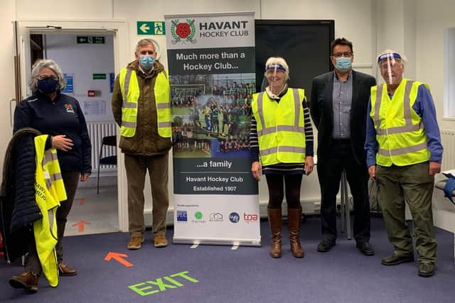 From left - Becky Smith, Chris Pickett (Havant HC chairman), Jenny Bulled-Davis, Baldev Laly (owner of Lalys Pharmacy), Jack Davis