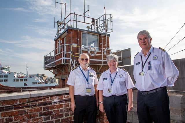 National Coastwatch at Fort Blockhouse, Gosport on Tuesday 30th August 2022
Pictured: On the watch, Nick Carter, Barbara Suggitt and her husband Richard Suggitt outside the Signal Tower

Picture: Habibur Rahman