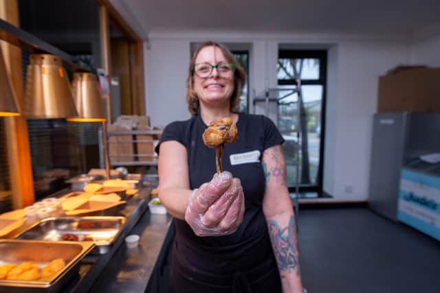 Gemma Hammond with one of her chicken lollipops.
Picture: Habibur Rahman
