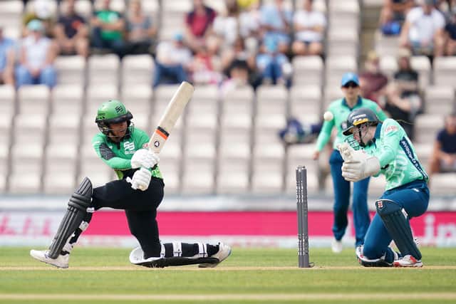 Brave's Sophia Dunkley is almost caught by Oval Invincibles wicket-keeper Sarah Bryce. Picture: John Walton/PA Wire.
