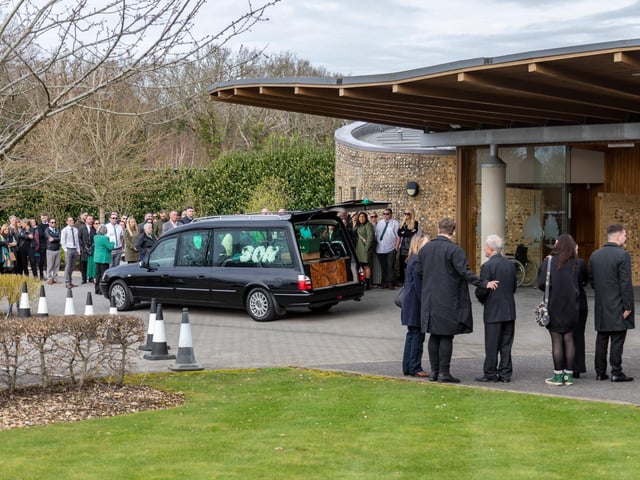 Attendees at the funeral of baby Jax at the Oaks in Havant. Picture: Mike Cooter (160324)