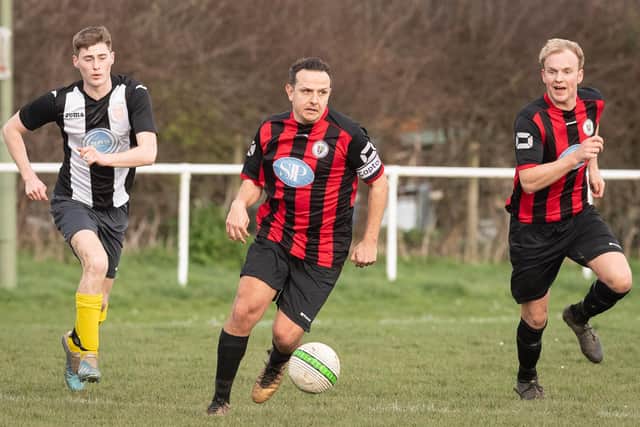 Locks Heath skipper Jake Alford in action during what turned out to be their last Hampshire Premier League game of the season - a 5-0 home loss to Hayling on March 15. Picture: Keith Woodland