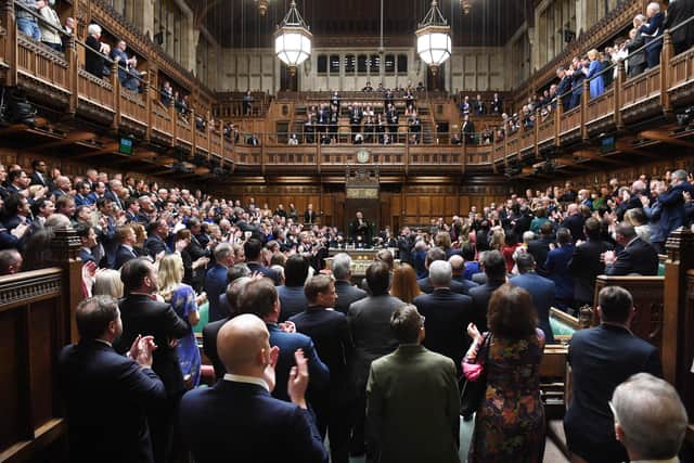 MPs in the House of Commons give a standing ovation to Ambassador of Ukraine to the UK Vadym Prystaiko, cheering loudly for a minute. UK Parliament/Jessica Taylor