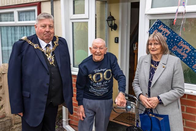 The Lord Mayor and Lady Mayoress visit Jack Dixon on his 100th birthday. Picture: Mike Cooter (030222)