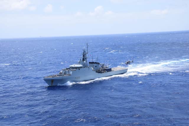 HMS Medway pictured in the Caribbean as a Merlin helicopter lands on the ship for the first time. Photo: Royal Navy