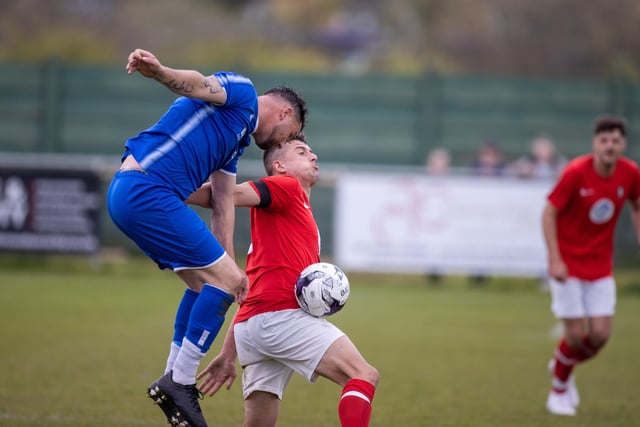 Action from Gosport Town's 4-0 victory over Lee Rangers (blue kit) in the Portsmouth & District FA Trophy final at Cams Alders. Picture: Alex Shute