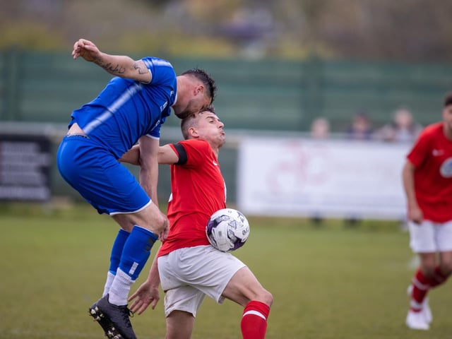 Action from Gosport Town's 4-0 victory over Lee Rangers (blue kit) in the Portsmouth & District FA Trophy final at Cams Alders. Picture: Alex Shute
