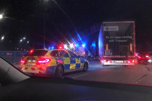 Emergency services at an accident on the Portsbridge roundabout in Portsmouth on Thursday night