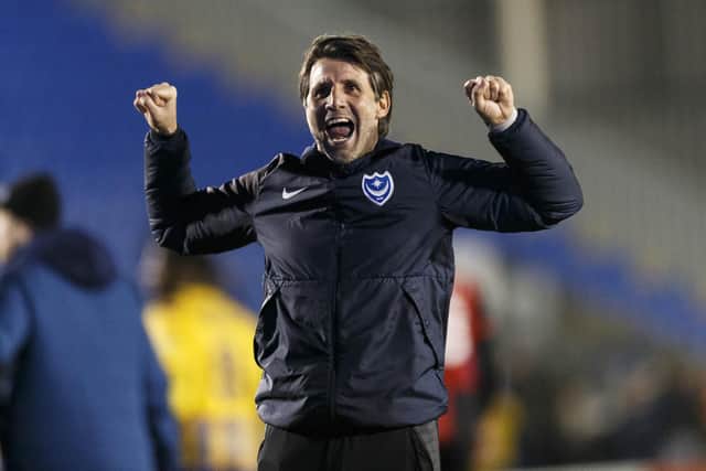 Danny Cowley at the final whistle celebrating Pompey's 2-1 success at Shrewsbury. Picture: Daniel Chesterton/phcimages.com