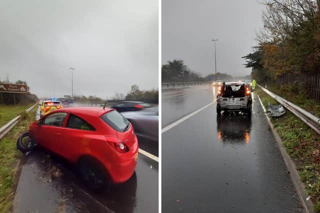 Two cars had to be escorted to the hard shoulder on the M27 in Portsmouth. Police are advising people to drive carefully this morning amid the wet conditions. Picture: Hampshire Roads Policing Unit.