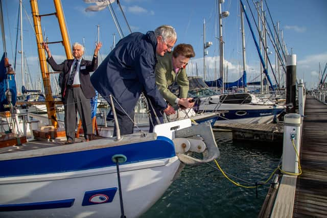 Princess Anne pouring cider on the historic yacht, Boleh at Haslar Marina, Gosport.
Picture: Habibur Rahman