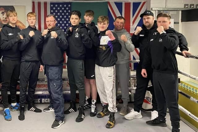 Warrior's Gym members, from left: Kerrie Davidson (safeguarding officer), coach Gary Neale, Finley Hawkins, Mason MacGil, Billy Thompson, head coach Brian Davidson, centre, Finlee Tierney, George Dixon, Harry Jones, coaches Connor Dunning, Sean Logan and Kyle Davidson Picture: Warrior's Gym