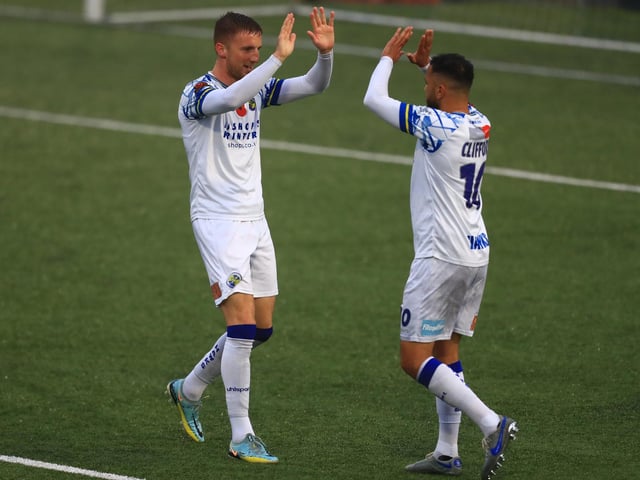 Jake McCarthy, left, has just opened the scoring. Picture by Dave Haines