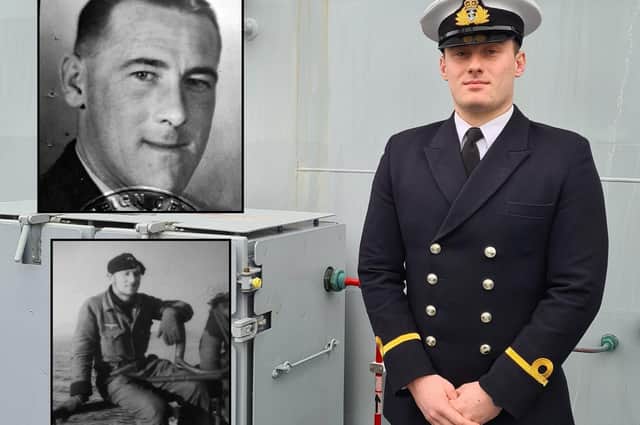Sub Lieutenant Ben Hoffmeister, with his grandfathers Ernest Hoffmeister, top, and Erwin Menzel, bottom, who fought on opposing sides in the Second World War. Sub Lt Hoffermeister will sail on Portsmouth-based ship HMS Trent next week.