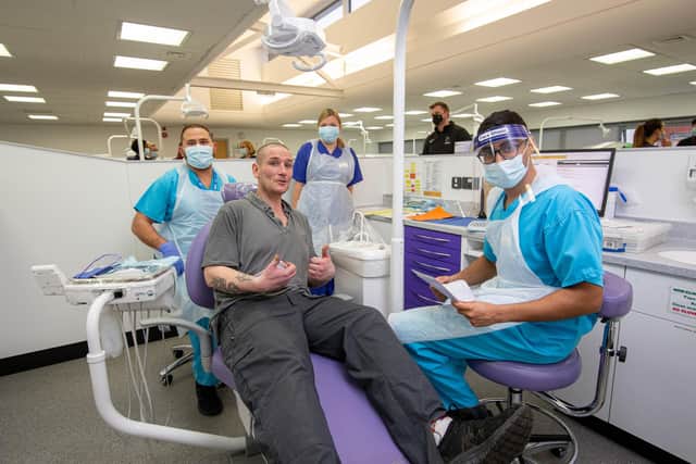 Dental students Mansoor Sadaat, Jay Bhardwa and Veronika Ramanauskaite with their patient, Don at University of Portsmouth Dental Academy, William Beatty Building, Portsmouth on Wednesday 15th December 2021

Picture: Habibur Rahman