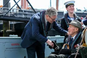 Sir Keir says goodbye to veteran Lieutenant Commander Len Chivers, 99. Sir Keir Starmer visits Portsmouth Historic Dockyard during Labour's general election campaignPicture: Chris  Moorhouse (050624-066)