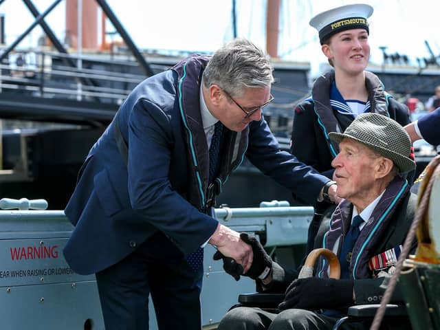 Sir Keir says goodbye to veteran Lieutenant Commander Len Chivers, 99. Sir Keir Starmer visits Portsmouth Historic Dockyard during Labour's general election campaignPicture: Chris  Moorhouse (050624-066)