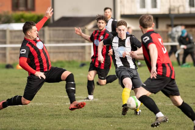Jack Bishop (black/white) was among the scorers in Hayling's eye-raising HPL Senior Division loss at Sway.
Picture: Keith Woodland