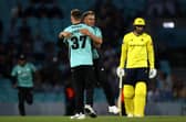 Sam Curran celebrates after taking his fifth wicket against Hampshire tonight. Photo by Ben Hoskins/Getty Images for Surrey CCC.