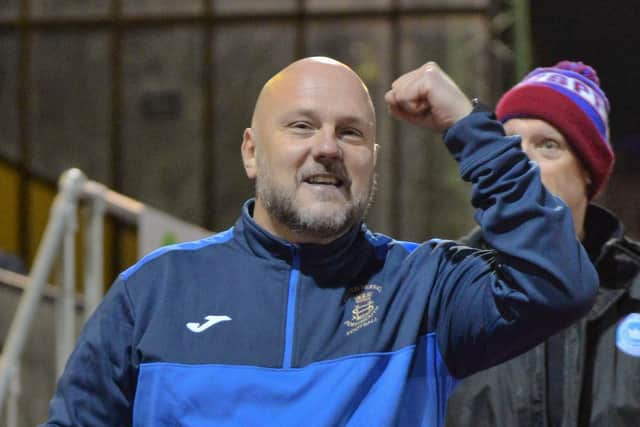 US Portsmouth boss Glenn Turnbull celebrates after the FA Vase win over Millbrook. Pic: Martyn White.