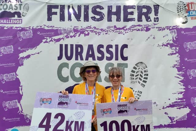 Sisters Kate Drew, 64, left, and Jill Turner, 71, from Bridport have raised £2,305 for children’s hospice Chestnut Tree House by walking 100km and 42km along the Jurassic Coast