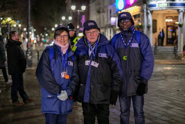 Pictured: Street Pators Karen, Barrie and Peter supporting police and paramedics during a Saturday night in the Guildhall area. 
Picture: Habibur Rahman