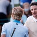 Justin Rose shakes hands with playing partner Will Zalatoris following a score of 72 on day three at the Masters.  Picture: Jared C. Tilton/Getty Images