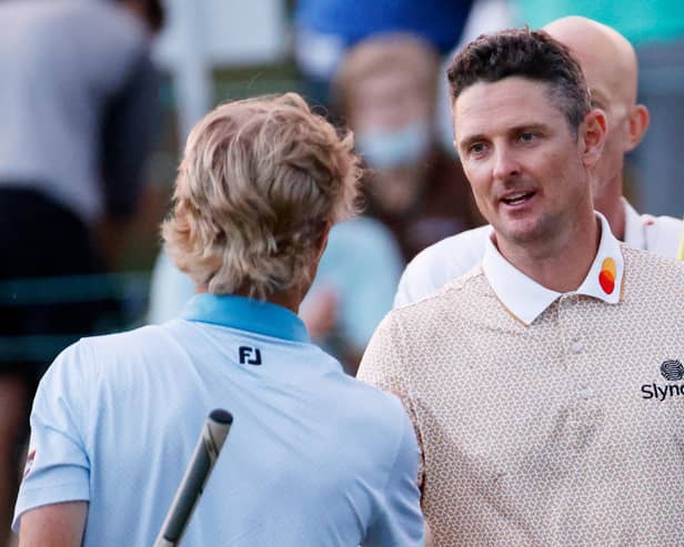 Justin Rose shakes hands with playing partner Will Zalatoris following a score of 72 on day three at the Masters.  Picture: Jared C. Tilton/Getty Images