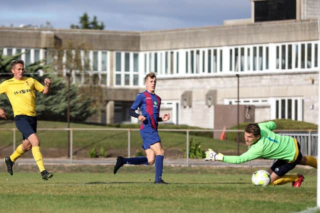 US Portsmouth - seen here scoring in a league win against Downton last September - have the best points-per-game record in Division 1 of the Wessex League since the start of 2019/20. Picture: Chris Moorhouse