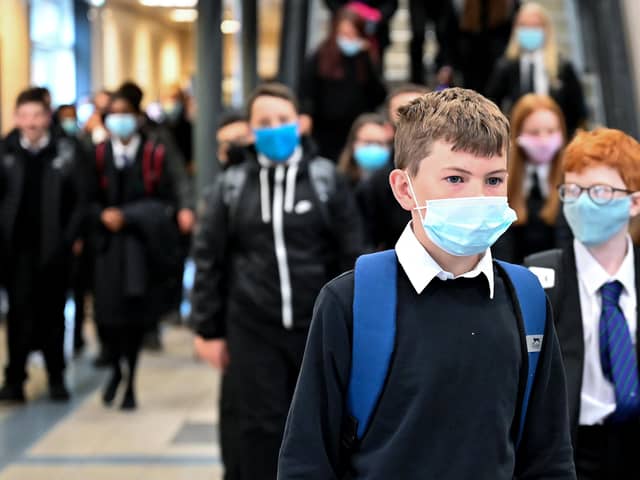 Children wearing facemasks in school. (Photo by Jeff J Mitchell/Getty Images)