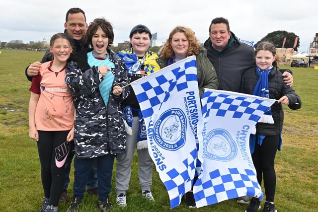 Pompey F.C football fans have been flocking to Southsea Common for the League One celebrations which have been organised by Portsmouth City Council. Pictured: The Jones Family and the Staley FamilyPicture Credit: Keith Woodland