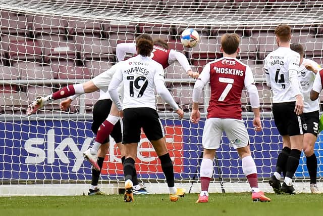 Fraser Horsfall scores Northampton's third goal at Sixfields. Picture: Dennis Goodwin