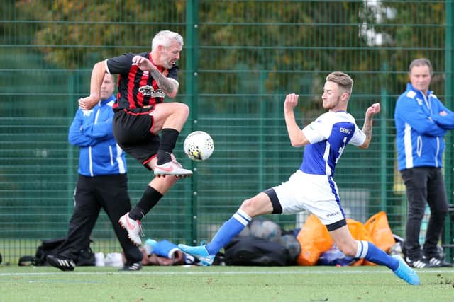Phil Archbold, left, netted twice for Fleetlands in their record Hampshire Premier League victory over Sway. Picture: Chris Moorhouse