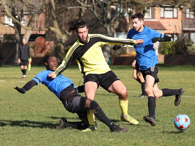 Hatton (yellow) v AFC Eastney. Picture by Kevin Shipp