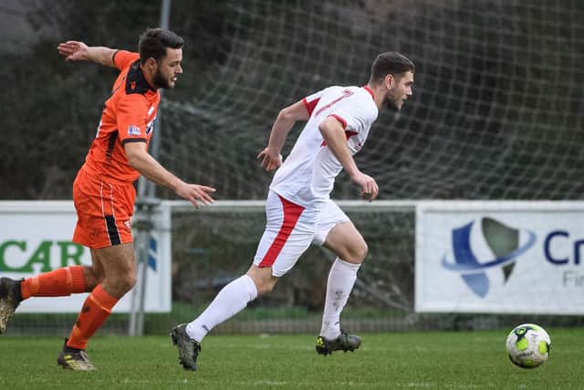 Horndean's Jack Maloney, right, scored twice in the 4-1 home win against Alresford - one of his club's best results of an inconsistent 2019/20 Picture: Keith Woodland