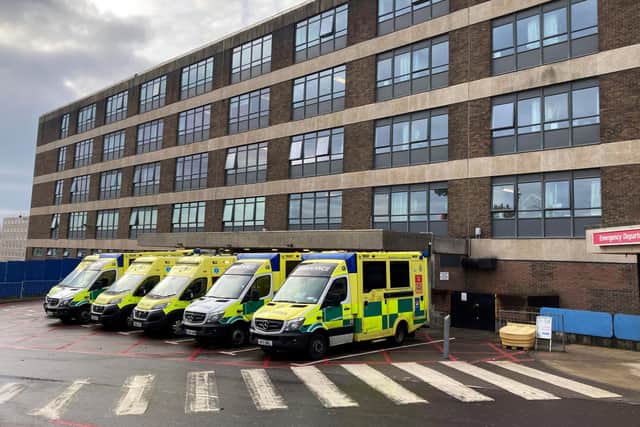 Ambulances parked up outside the Accident and Emergency department at the Queen Alexandra Hospital in Cosham. Picture: Andrew Matthews/PA Wire