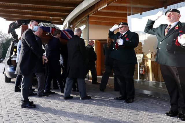 The funeral of RAF veteran Flt Lt Charles Lamb at The Oaks Crematorium, Bartons Lane, Havant
Picture: Chris Moorhouse (jpns 110222-15)