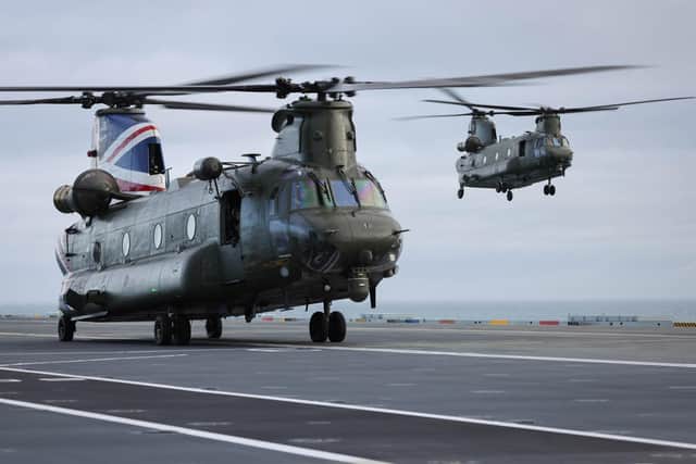 RAF CH-47 Chinook (ZD984) embarked onboard HMS Prince of Wales conducting deck landing serials.

