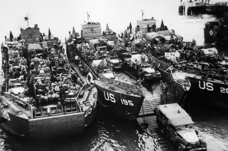 Picture released on June 1944 of US Landing Craft, Vehicle, Personnel (LCVP) in Portsmouth Harbour prior to the Normandy landing, France. (Photo by - / various sources / AFP)        (Photo credit should read -/AFP via Getty Images)