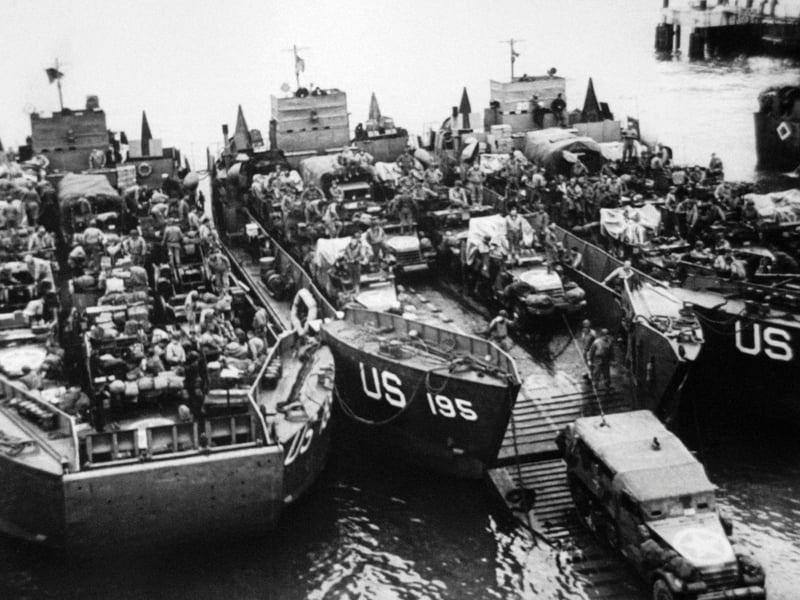 Picture released on June 1944 of US Landing Craft, Vehicle, Personnel (LCVP) in Portsmouth Harbour prior to the Normandy landing, France. (Photo by - / various sources / AFP) (Photo credit should read -/AFP via Getty Images)