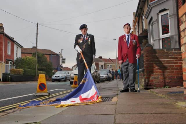 Clive Price Nartland Sutton (left) with fellow veteran Andy Long on Stamshaw Road, marking Remembrance Sunday.
Picture: Habibur Rahman