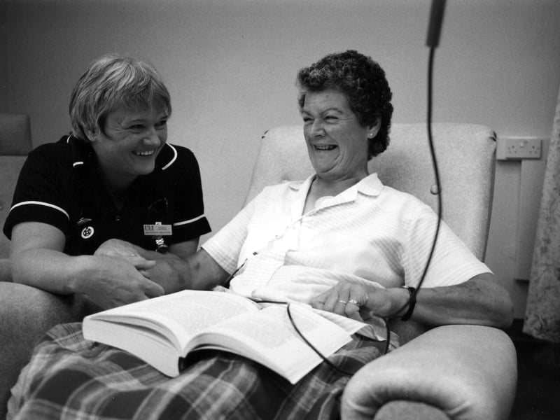 Ward sister Brenda Dillon checks all is well with leukaemia patient Daphne Cuff in September 1995