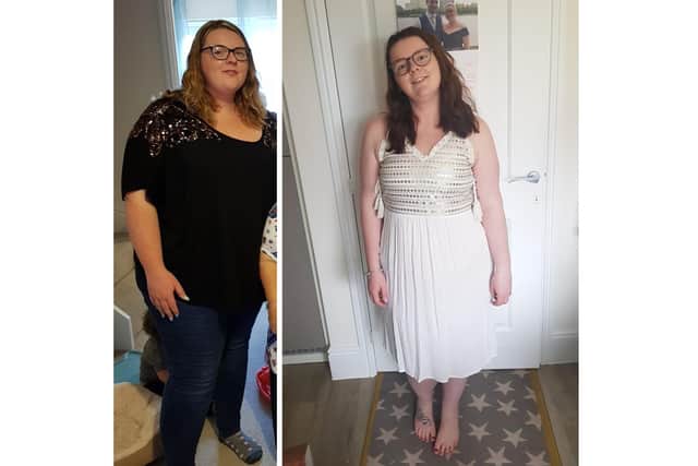 Kat Atrill from Waterlooville has lost 5 stone with Slimming World by 'doing it for herself'. Pictured: Kat before losing weight and Kat now