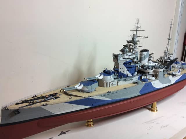 A close-up view of the replica model of the former battleship Queen Elizabeth, which took six months to build.