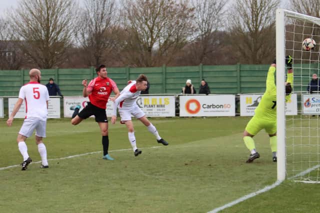 Jack Breed heads in his second goal, and Fareham's fourth. Picture by Ken Walker
